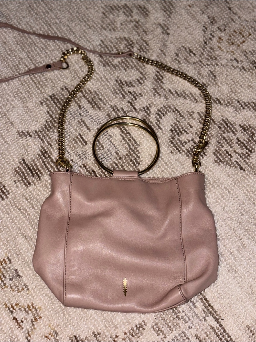 Soft Blush Pink Leather Ring-Handle Crossbody Bag with Chain Strap
